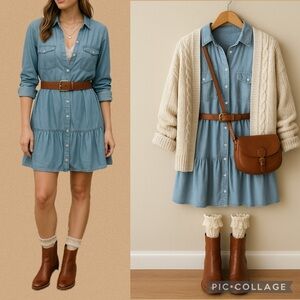 NWT Zara Chambray Button-Down Drop Waist Shirt Dress withRuffle Hem Size XS